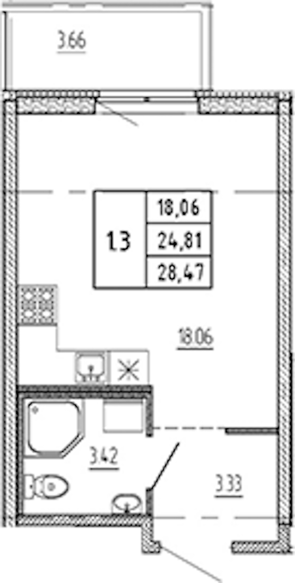 Квартира студия 24.81 м², 6/22 эт., ЖК «Новые горизонты 2»